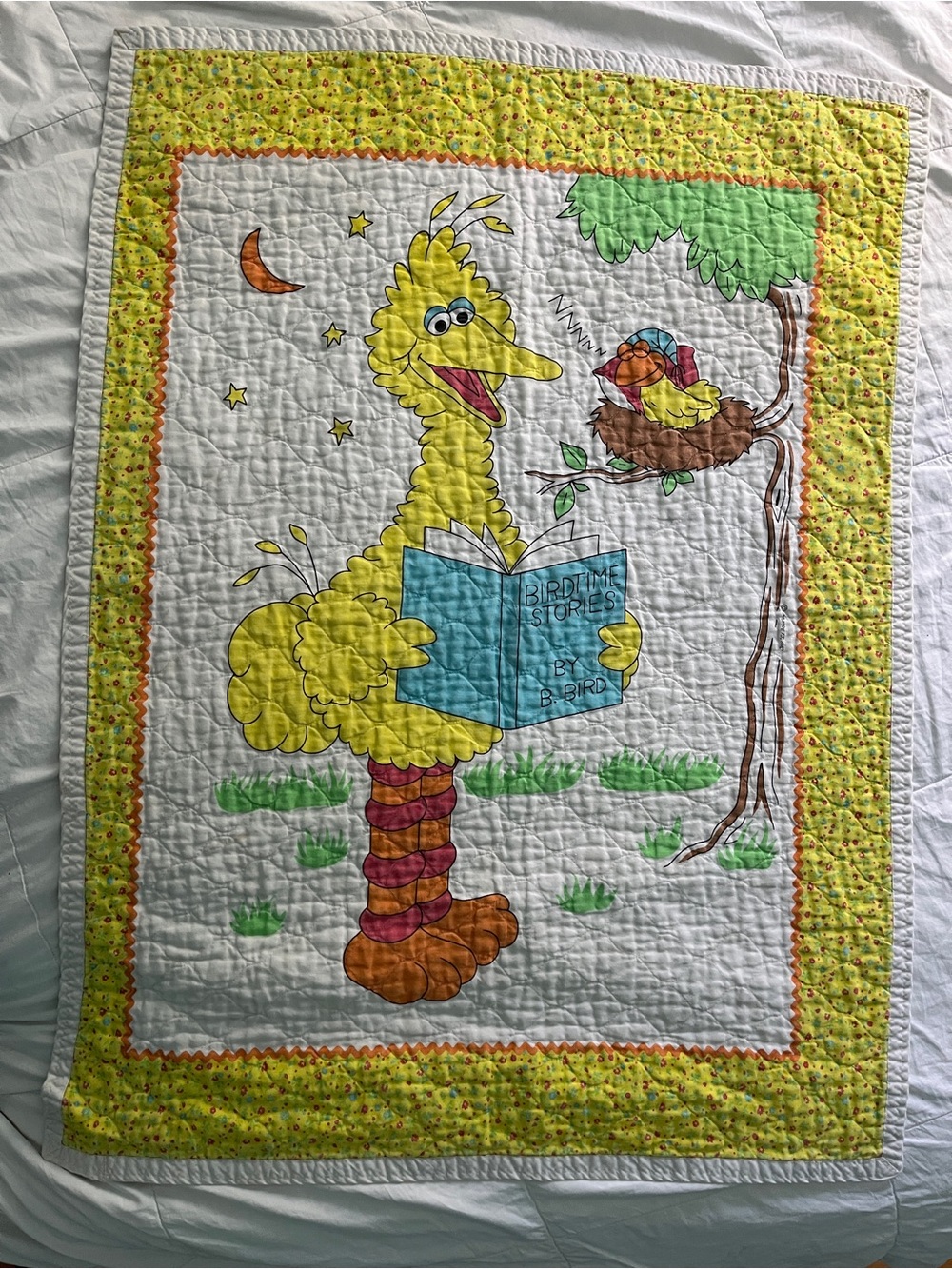 Vintage Handmade Sesame Street Baby Quilt Blanket Big Bird Reading Bedtime Story